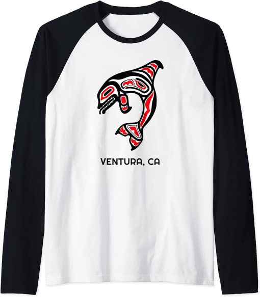 Ventura, California Native American Orca Killer Whales Gift Raglan Baseball Tee