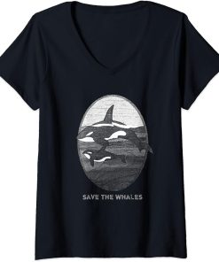 Womens "Save The Whales" Orca Whale Lovers Vintage Look V-Neck T-Shirt