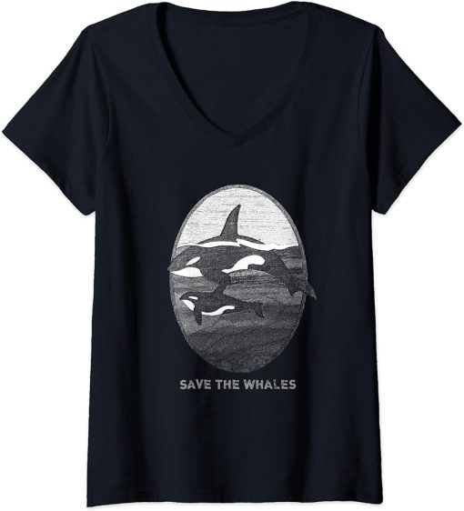 Womens "Save The Whales" Orca Whale Lovers Vintage Look V-Neck T-Shirt