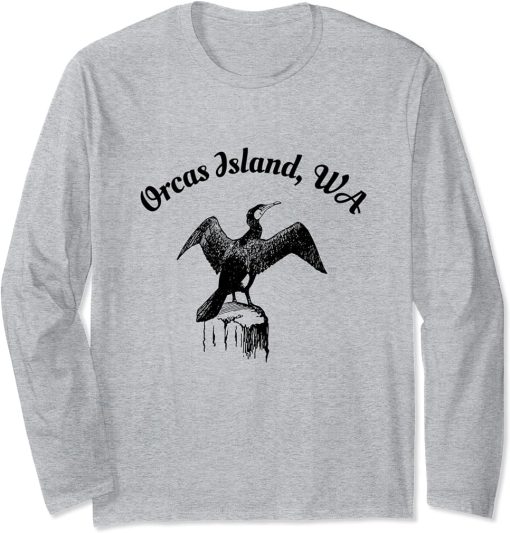 Orcas Island WA Cormorant Bird Drying Wings Waterbird Long Sleeve T-Shirt